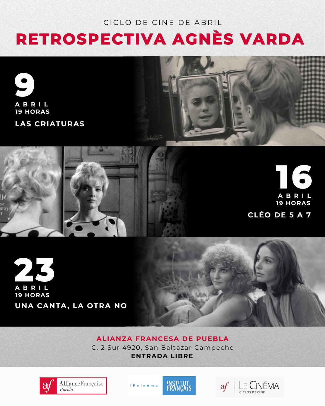 Cartelera de cine abril 2026 Alianza Francesa de Puebla Retrospectiva Agnès Varda.